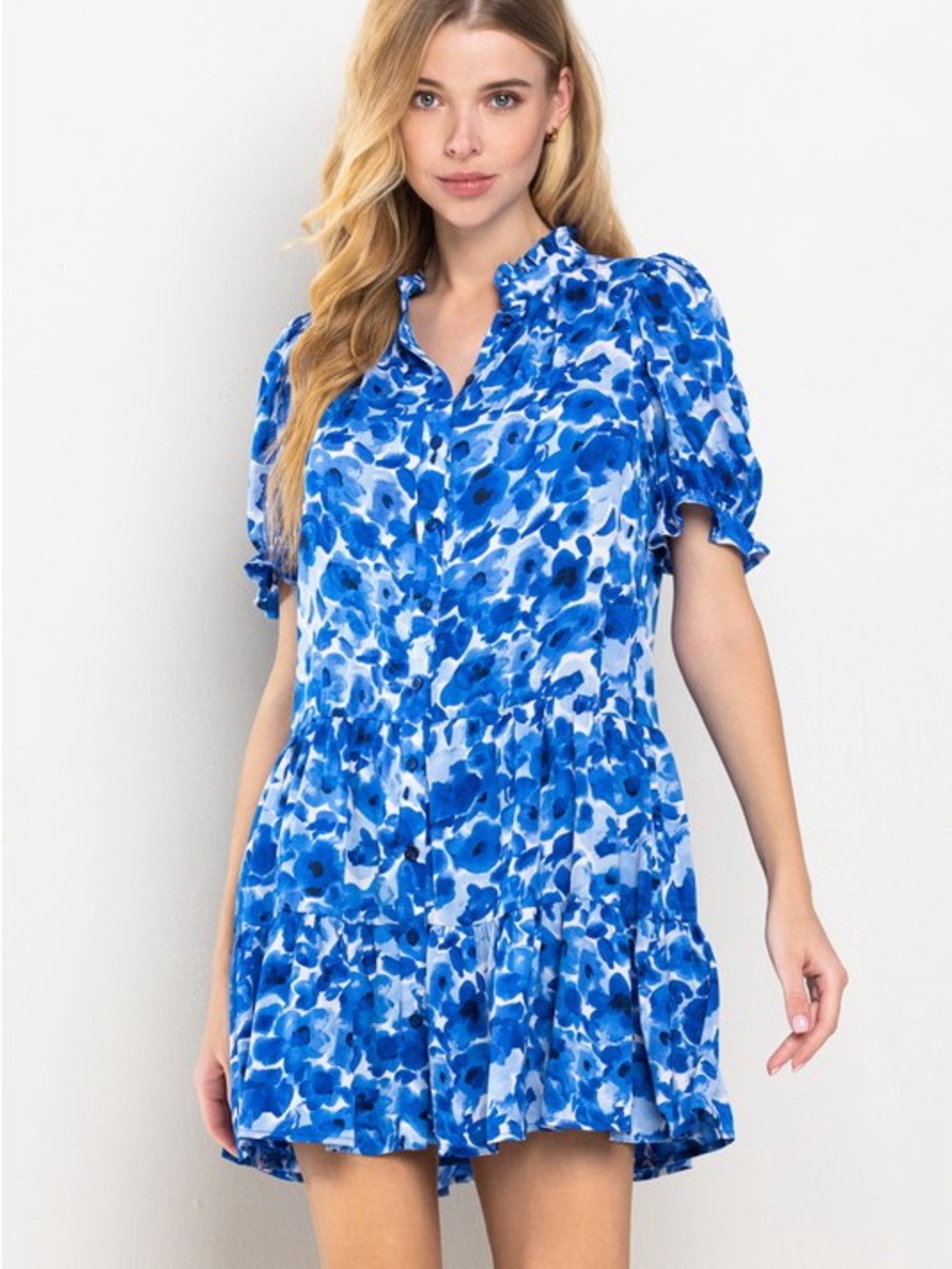 TCEC Blue Floral Babydoll Dress | Size Large | Puff Sleeve Tiered Mini Dress